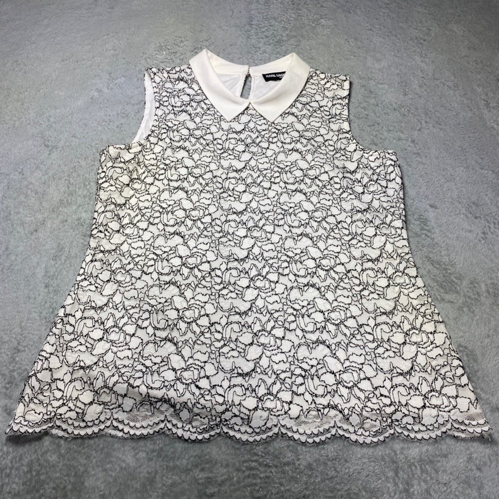 Karl Lagerfeld Womens XL Lace Shell Top Peter Pan Collar White Black Sleeveless